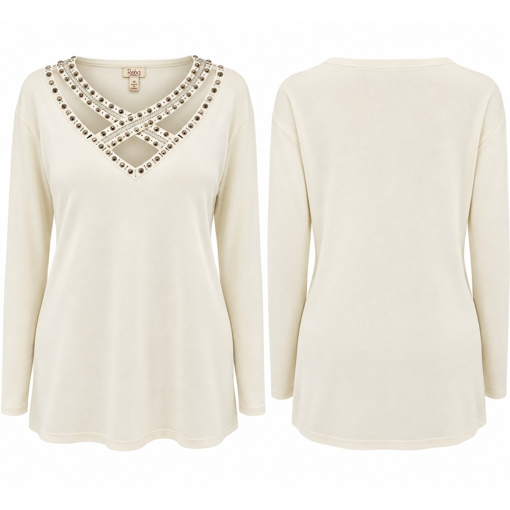 Reba Woman Ivory Long Sleeve Crisscross Studded Beaded Knit Top 1X NEW